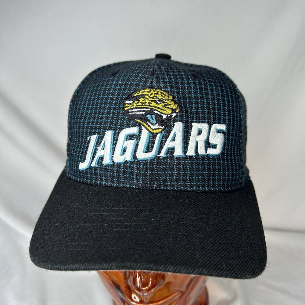Vintage Jacksonville Jaguars Logo Athletic Black Teal Gingham Pattern Strapback